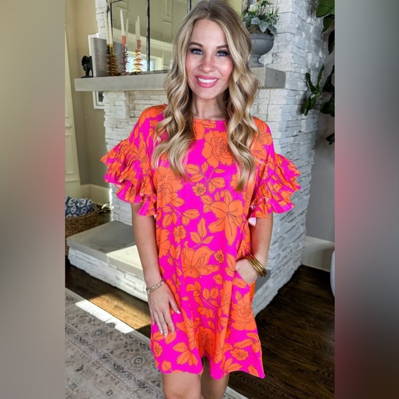 NWT! Beautiful Boutique Floral Ruffle Sleeve Dress - Pink and Orange! 💕 - Picture 7 of 8